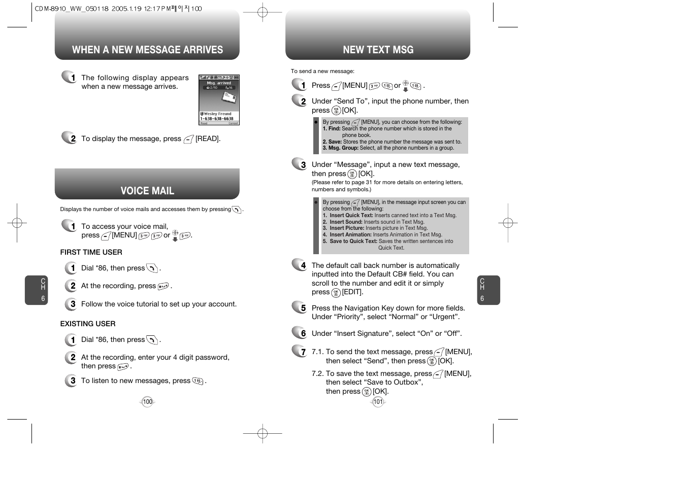 Voice mail, When a new message arrives new text msg | Symbol Technologies CDM-8910WW User Manual | Page 51 / 70