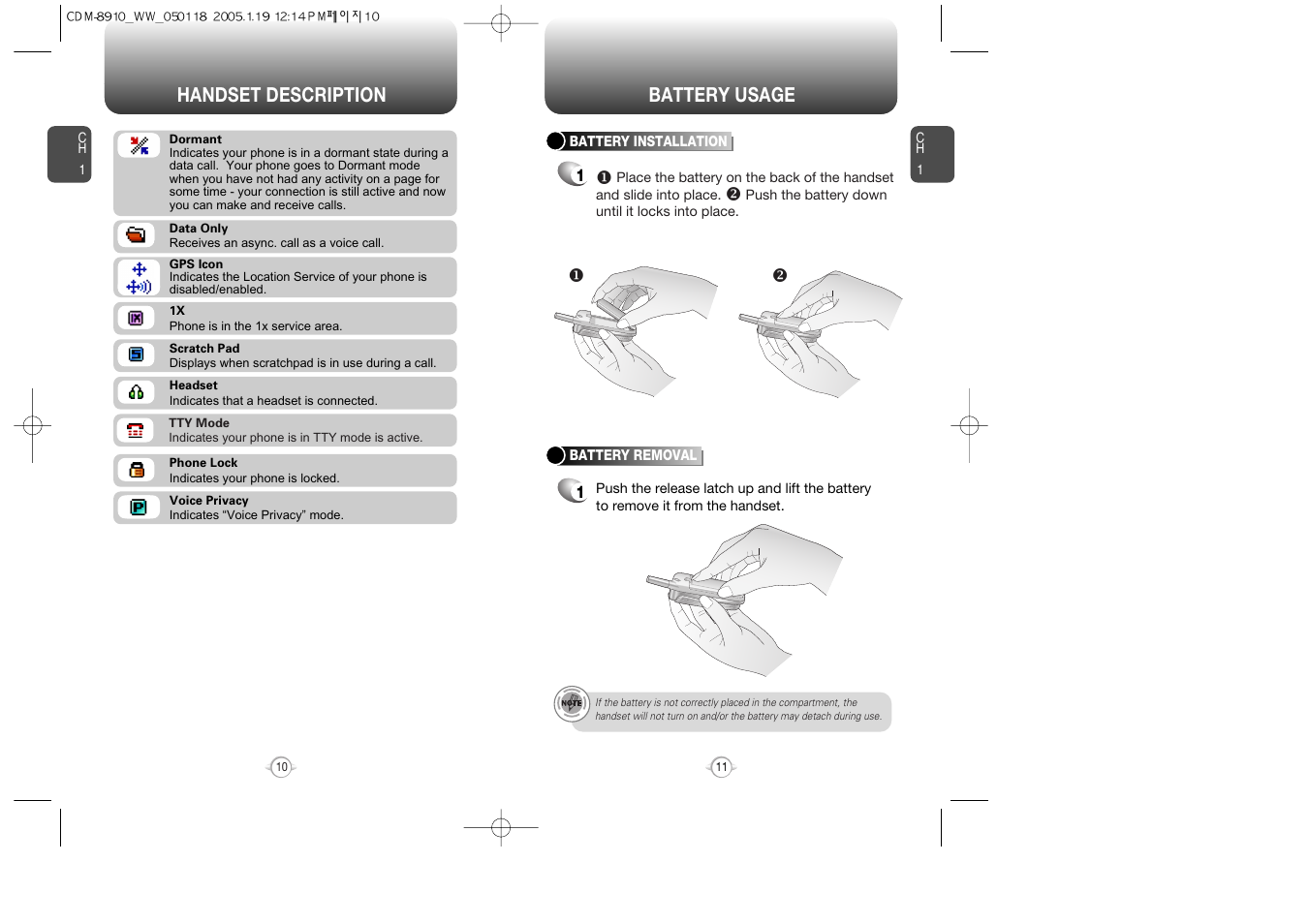 Handset description battery usage | Symbol Technologies CDM-8910WW User Manual | Page 6 / 70