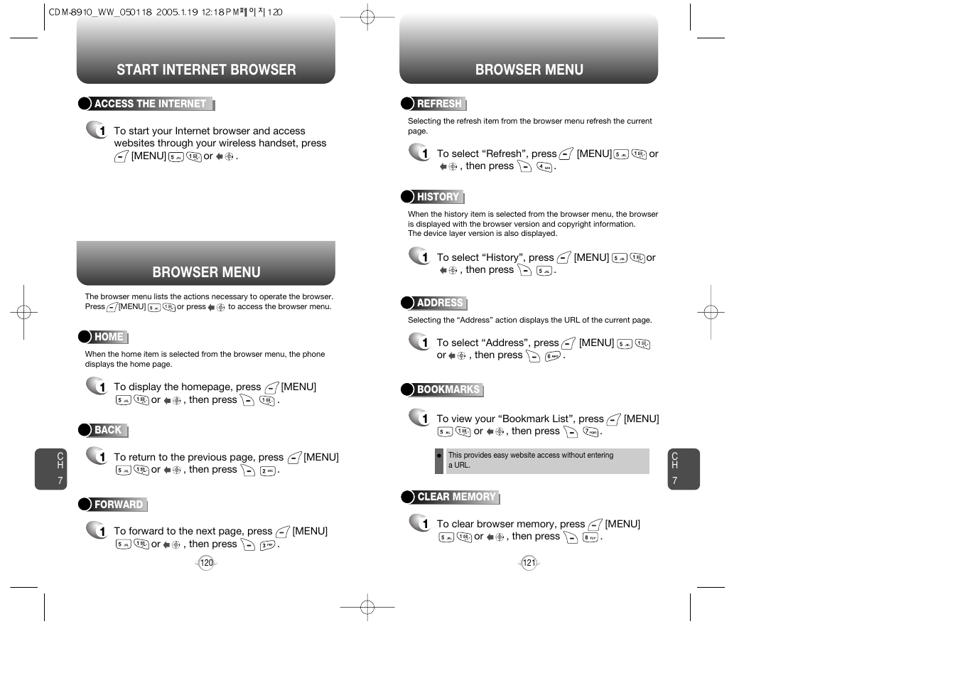 Start internet browser browser menu, Browser menu | Symbol Technologies CDM-8910WW User Manual | Page 61 / 70