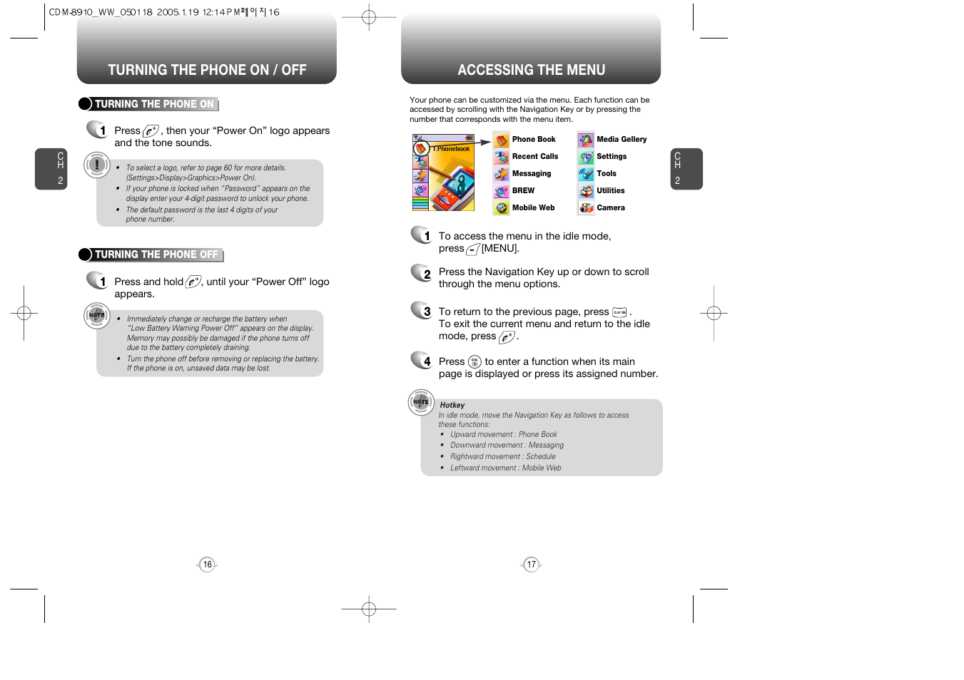 Accessing the menu, Turning the phone on / off | Symbol Technologies CDM-8910WW User Manual | Page 9 / 70