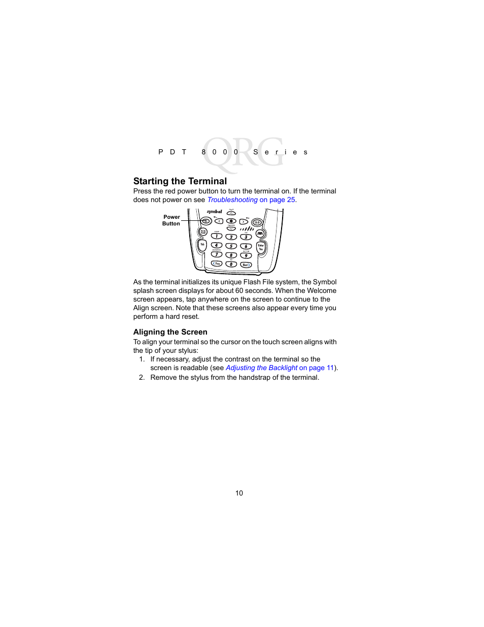Starting the terminal, Aligning the screen | Symbol Technologies PDT 8000 Series User Manual | Page 12 / 44