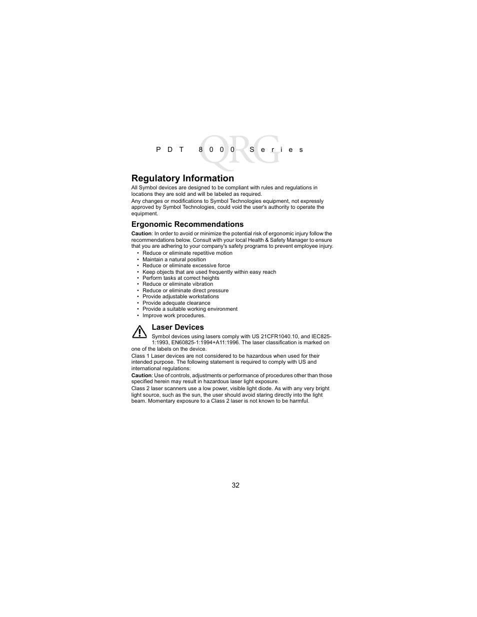 Regulatory information, Ergonomic recommendations, Laser devices | Symbol Technologies PDT 8000 Series User Manual | Page 34 / 44