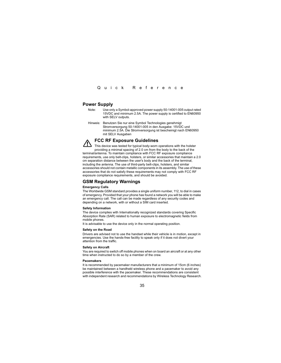 Power supply, Fcc rf exposure guidelines, Gsm regulatory warnings | Symbol Technologies PDT 8000 Series User Manual | Page 37 / 44