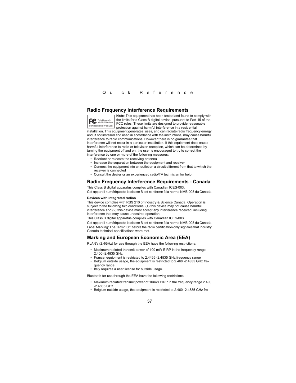 Radio frequency interference requirements, Radio frequency interference requirements - canada, Marking and european economic area (eea) | Symbol Technologies PDT 8000 Series User Manual | Page 39 / 44