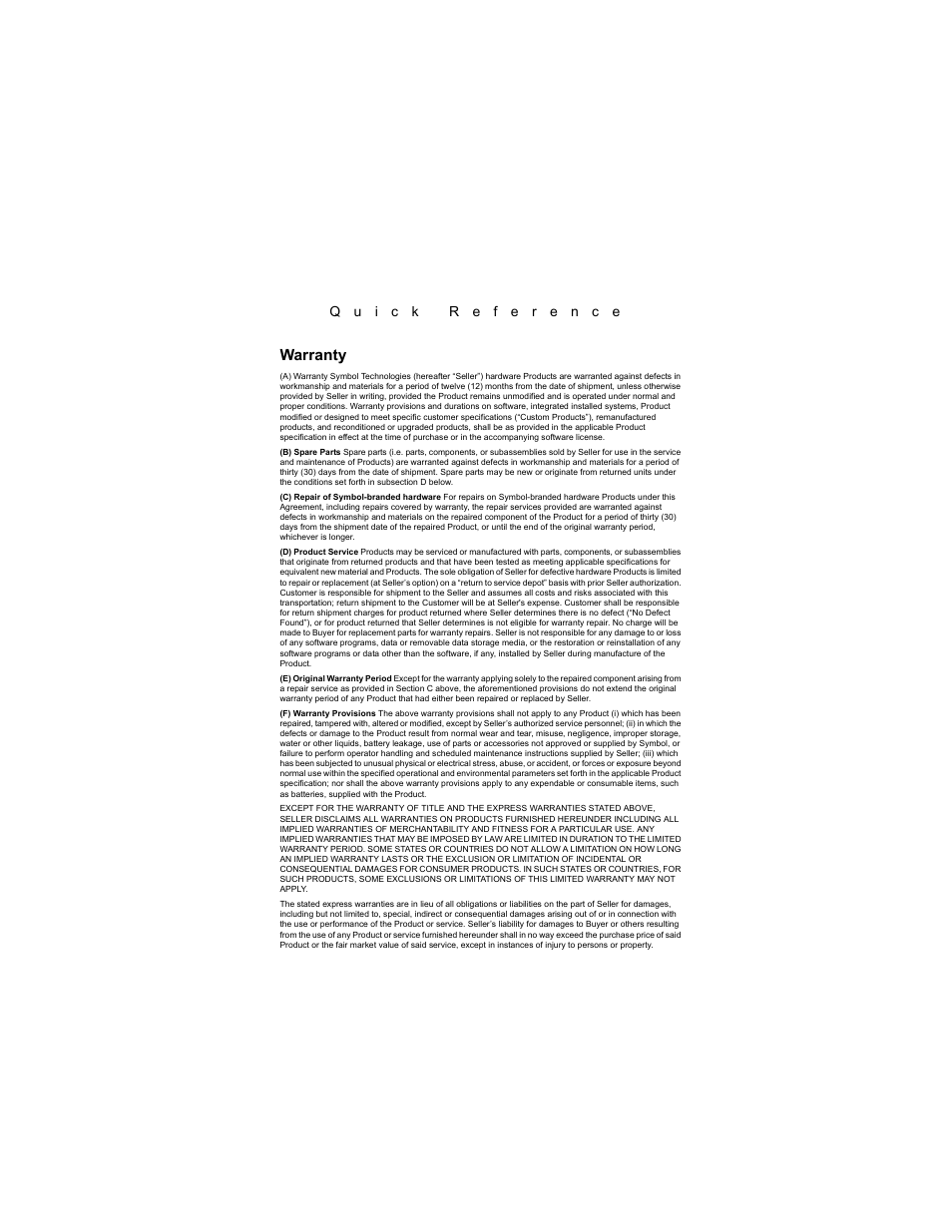 Warranty | Symbol Technologies PDT 8000 Series User Manual | Page 43 / 44