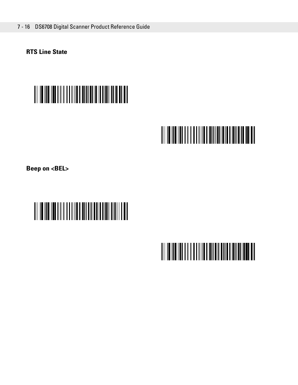 Rts line state, Beep on <bel, Rts line state -16 beep on <bel> -16 | Symbol Technologies DS6708 User Manual | Page 104 / 382