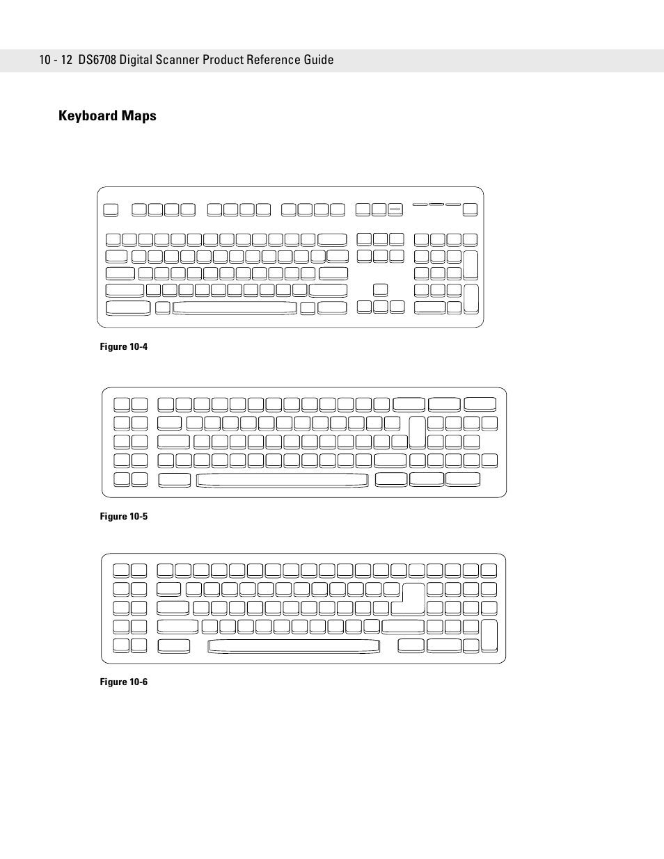 Keyboard maps, Keyboard maps -12, Ibm ps2 type keyboard | Ibm pc/xt, Ibm pc/at, Figure 10-4, Figure 10-5, Figure 10-6 | Symbol Technologies DS6708 User Manual | Page 138 / 382