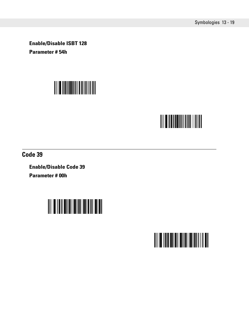 Enable/disable isbt 128, Code 39, Enable/disable code 39 | Enable/disable isbt 128 -19, Code 39 -19, Enable/disable code 39 -19 | Symbol Technologies DS6708 User Manual | Page 181 / 382