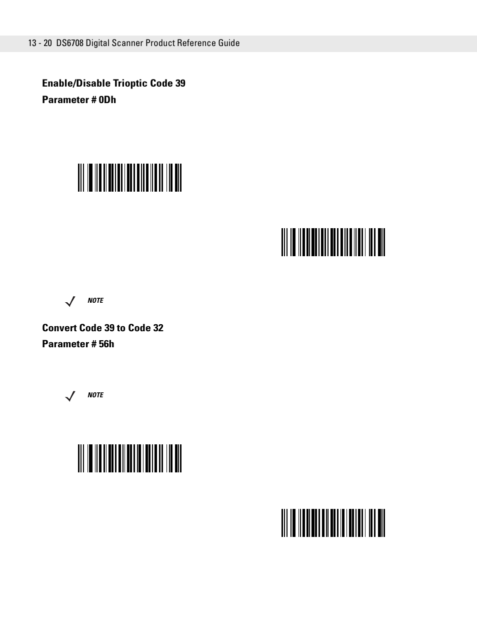 Enable/disable trioptic code 39, Convert code 39 to code 32, Enable/disable trioptic code 39 parameter # 0dh | Symbol Technologies DS6708 User Manual | Page 182 / 382