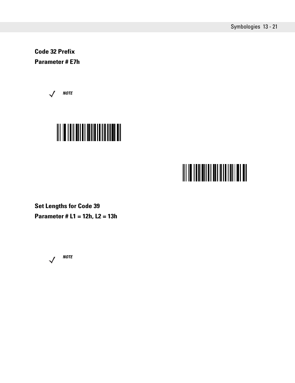 Code 32 prefix, Set lengths for code 39, Code 32 prefix -21 set lengths for code 39 -21 | Code 32 prefix parameter # e7h | Symbol Technologies DS6708 User Manual | Page 183 / 382