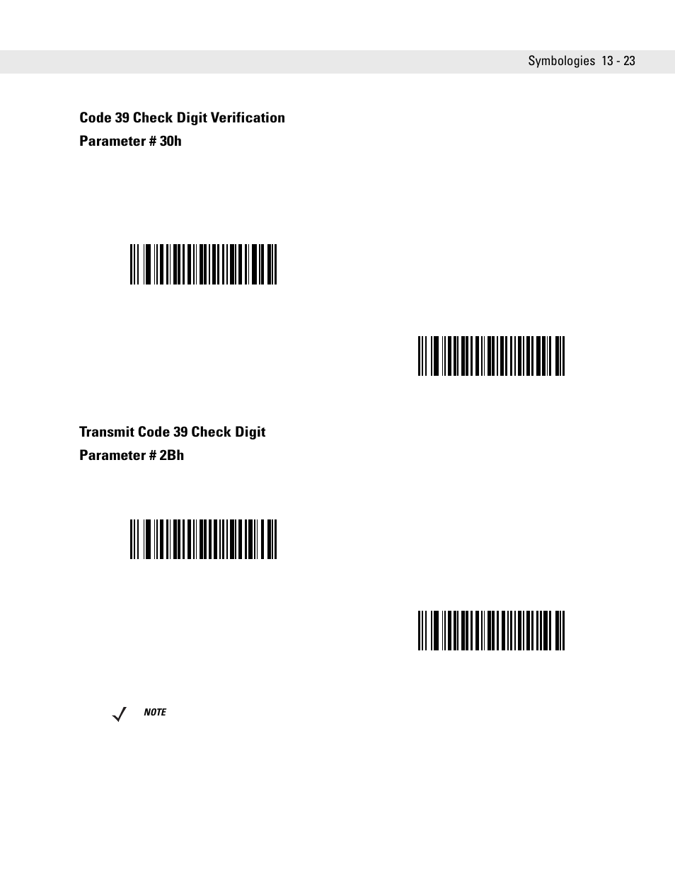 Code 39 check digit verification, Transmit code 39 check digit, Code 39 check digit verification parameter # 30h | Transmit code 39 check digit parameter # 2bh | Symbol Technologies DS6708 User Manual | Page 185 / 382