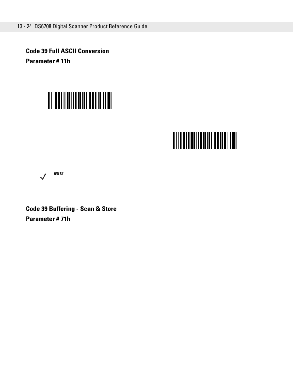 Code 39 full ascii conversion, Code 39 buffering - scan & store, Code 39 full ascii conversion parameter # 11h | Code 39 buffering - scan & store parameter # 71h | Symbol Technologies DS6708 User Manual | Page 186 / 382