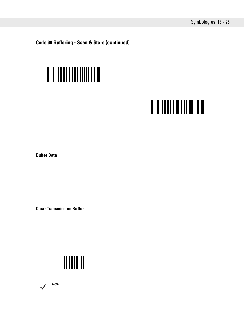 Buffer data, Clear transmission buffer, Buffer data -25 clear transmission buffer -25 | Code 39 buffering - scan & store (continued), Symbologies 13 - 25 | Symbol Technologies DS6708 User Manual | Page 187 / 382