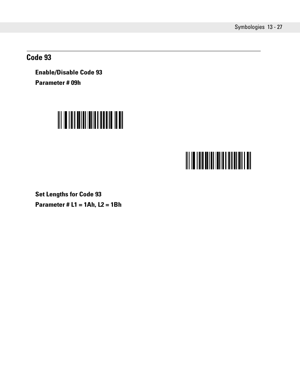 Code 93, Enable/disable code 93, Set lengths for code 93 | Code 93 -27, Enable/disable code 93 parameter # 09h | Symbol Technologies DS6708 User Manual | Page 189 / 382