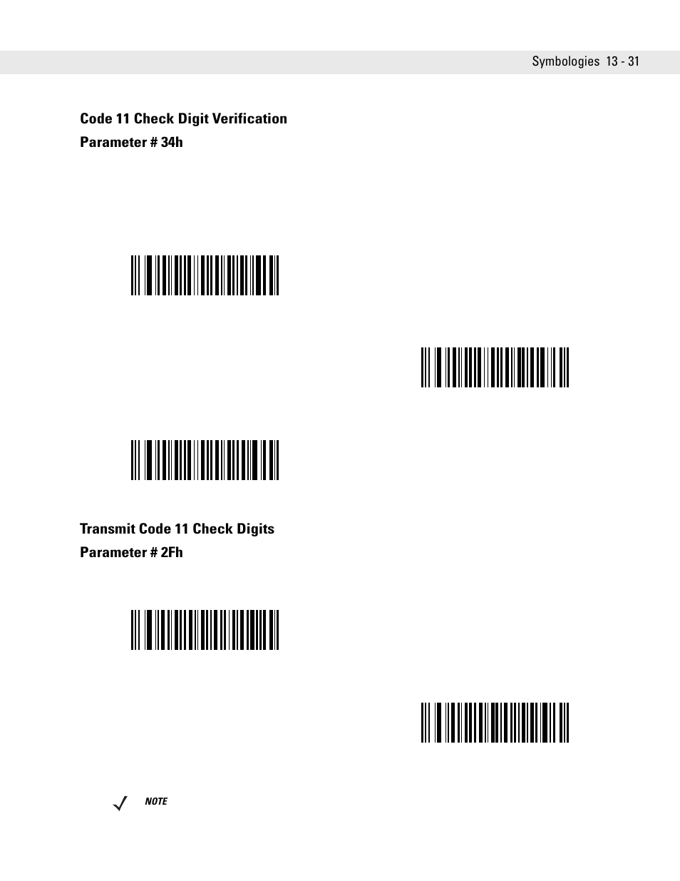 Code 11 check digit verification, Transmit code 11 check digits, Code 11 check digit verification parameter # 34h | Transmit code 11 check digits parameter # 2fh | Symbol Technologies DS6708 User Manual | Page 193 / 382