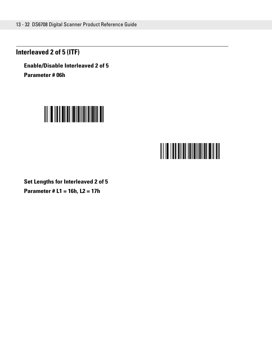 Interleaved 2 of 5 (itf), Enable/disable interleaved 2 of 5, Set lengths for interleaved 2 of 5 | Interleaved 2 of 5 (itf) -32, Enable/disable interleaved 2 of 5 parameter # 06h | Symbol Technologies DS6708 User Manual | Page 194 / 382