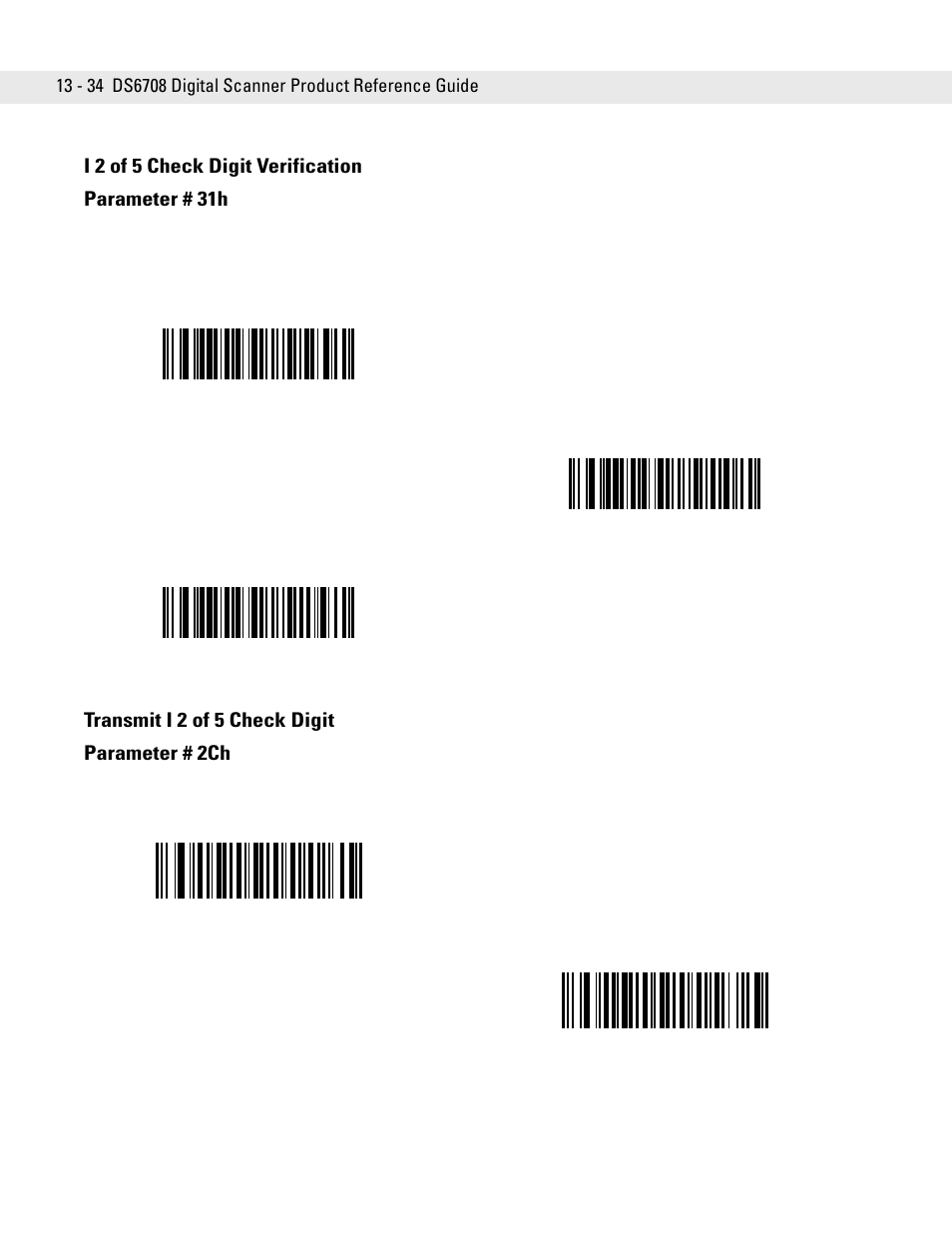 I 2 of 5 check digit verification, Transmit i 2 of 5 check digit, I 2 of 5 check digit verification parameter # 31h | Transmit i 2 of 5 check digit parameter # 2ch | Symbol Technologies DS6708 User Manual | Page 196 / 382