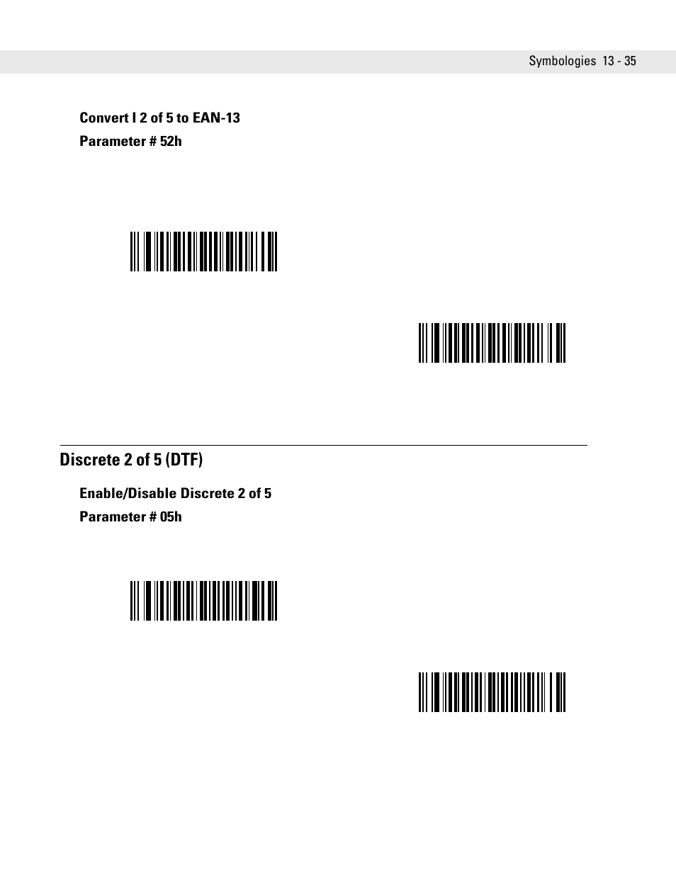 Convert i 2 of 5 to ean-13, Discrete 2 of 5 (dtf), Enable/disable discrete 2 of 5 | Convert i 2 of 5 to ean-13 -35, Discrete 2 of 5 (dtf) -35, Enable/disable discrete 2 of 5 -35 | Symbol Technologies DS6708 User Manual | Page 197 / 382