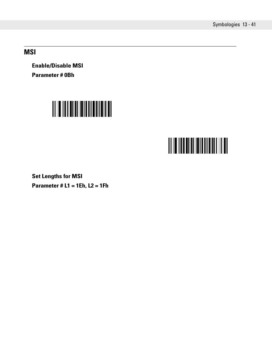 Enable/disable msi, Set lengths for msi, Msi -41 | Enable/disable msi -41 set lengths for msi -41, Enable/disable msi parameter # 0bh, Set lengths for msi parameter # l1 = 1eh, l2 = 1fh | Symbol Technologies DS6708 User Manual | Page 203 / 382