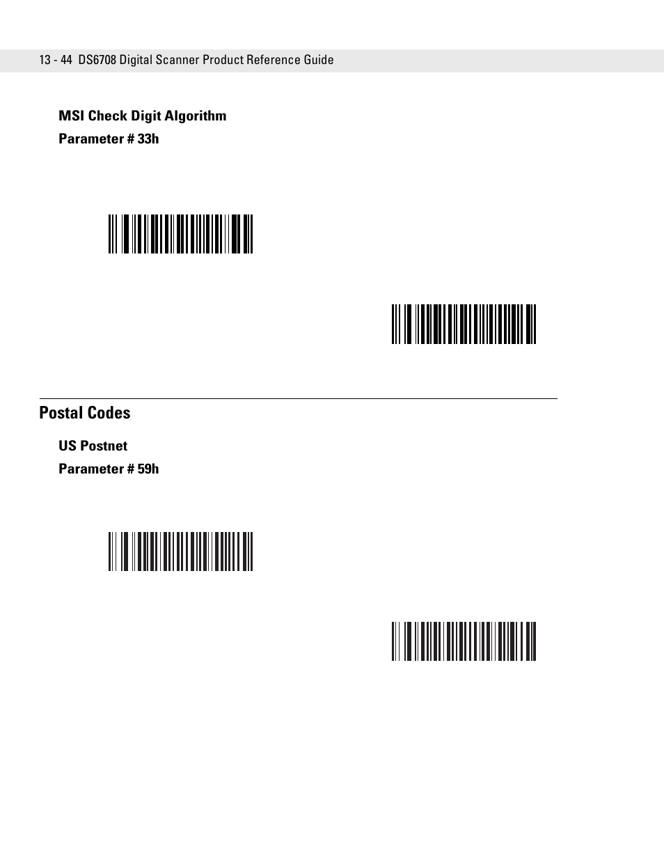 Msi check digit algorithm, Postal codes, Us postnet | Msi check digit algorithm -44, Postal codes -44, Us postnet -44 | Symbol Technologies DS6708 User Manual | Page 206 / 382