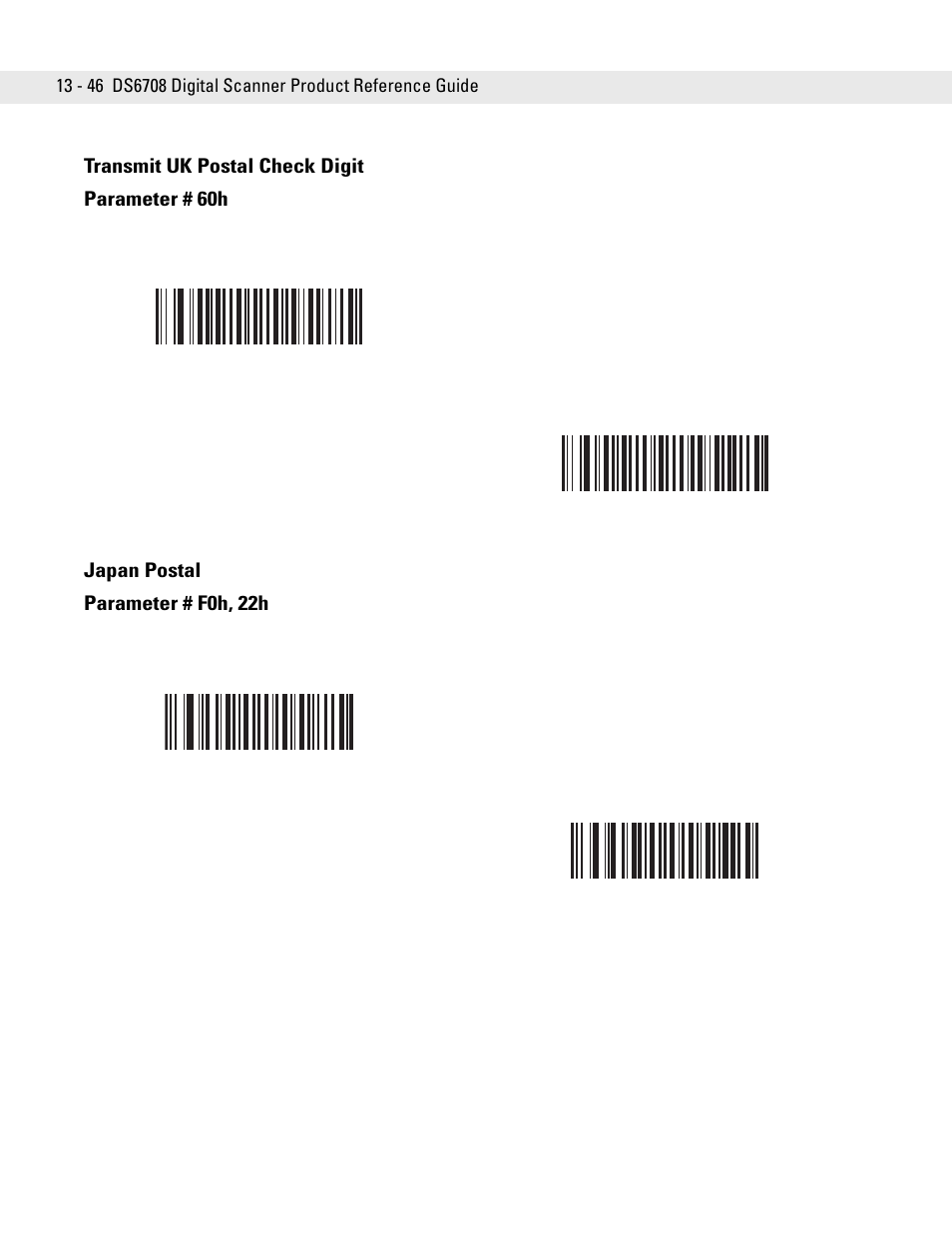 Transmit uk postal check digit, Japan postal, Transmit uk postal check digit parameter # 60h | Japan postal parameter # f0h, 22h | Symbol Technologies DS6708 User Manual | Page 208 / 382
