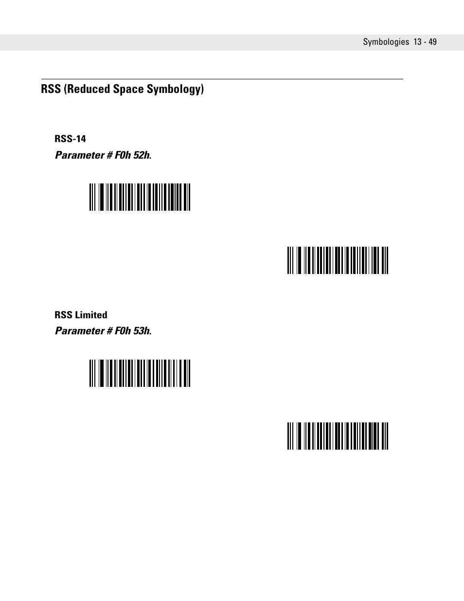 Rss (reduced space symbology), Rss-14, Rss limited | Rss (reduced space symbology) -49, Rss-14 -49 rss limited -49, Parameter # f0h 52h, Parameter # f0h 53h | Symbol Technologies DS6708 User Manual | Page 211 / 382