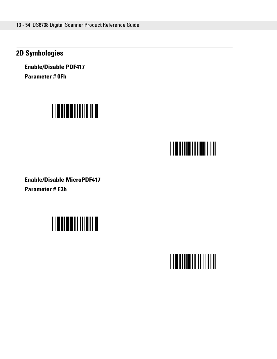 2d symbologies, Enable/disable pdf417, Enable/disable micropdf417 | 2d symbologies -54 | Symbol Technologies DS6708 User Manual | Page 216 / 382