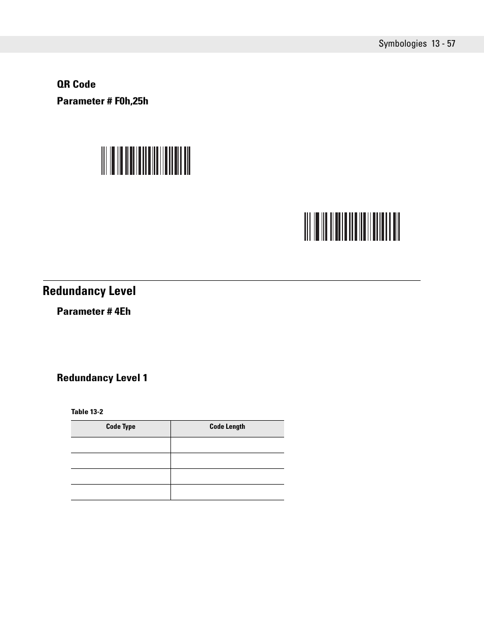 Qr code, Redundancy level, Redundancy level 1 | Qr code -57, Redundancy level -57, Redundancy level 1 -57, Qr code parameter # f0h,25h, Parameter # 4eh | Symbol Technologies DS6708 User Manual | Page 219 / 382