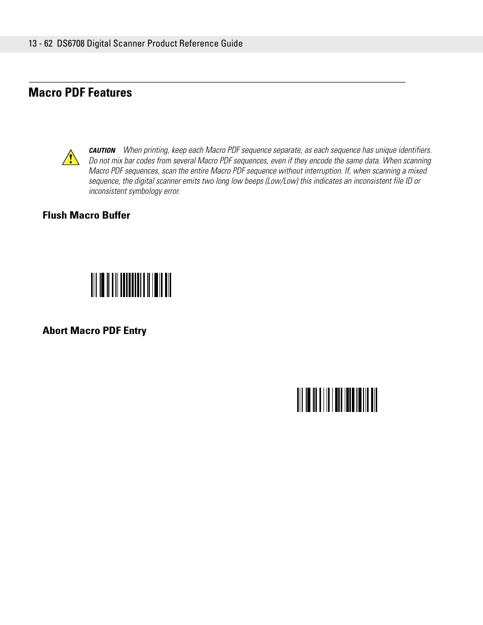 Macro pdf features, Flush macro buffer, Abort macro pdf entry | Macro pdf features -62, Flush macro buffer -62 abort macro pdf entry -62 | Symbol Technologies DS6708 User Manual | Page 224 / 382