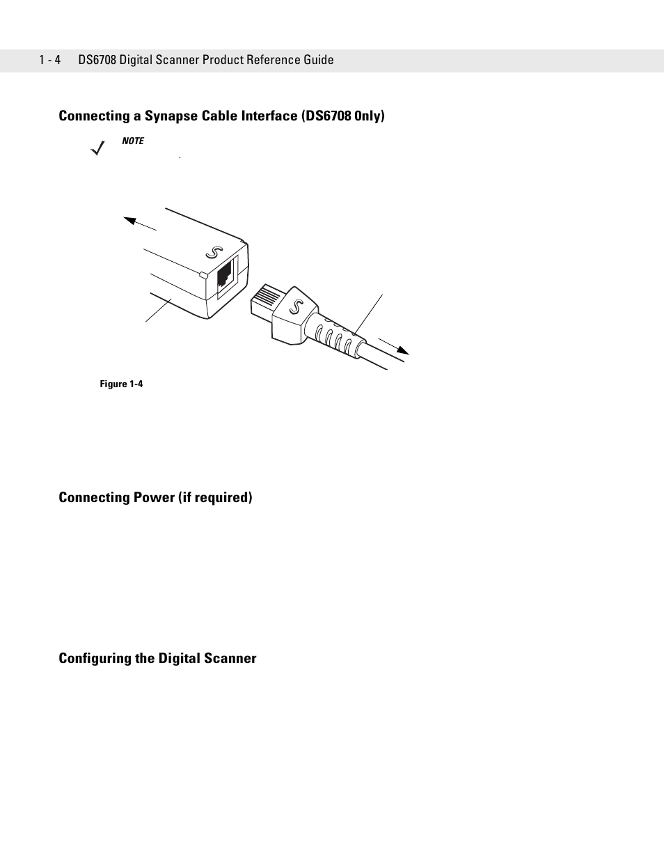 Connecting a synapse cable interface (ds6708 0nly), Connecting power (if required), Configuring the digital scanner | Symbol Technologies DS6708 User Manual | Page 26 / 382