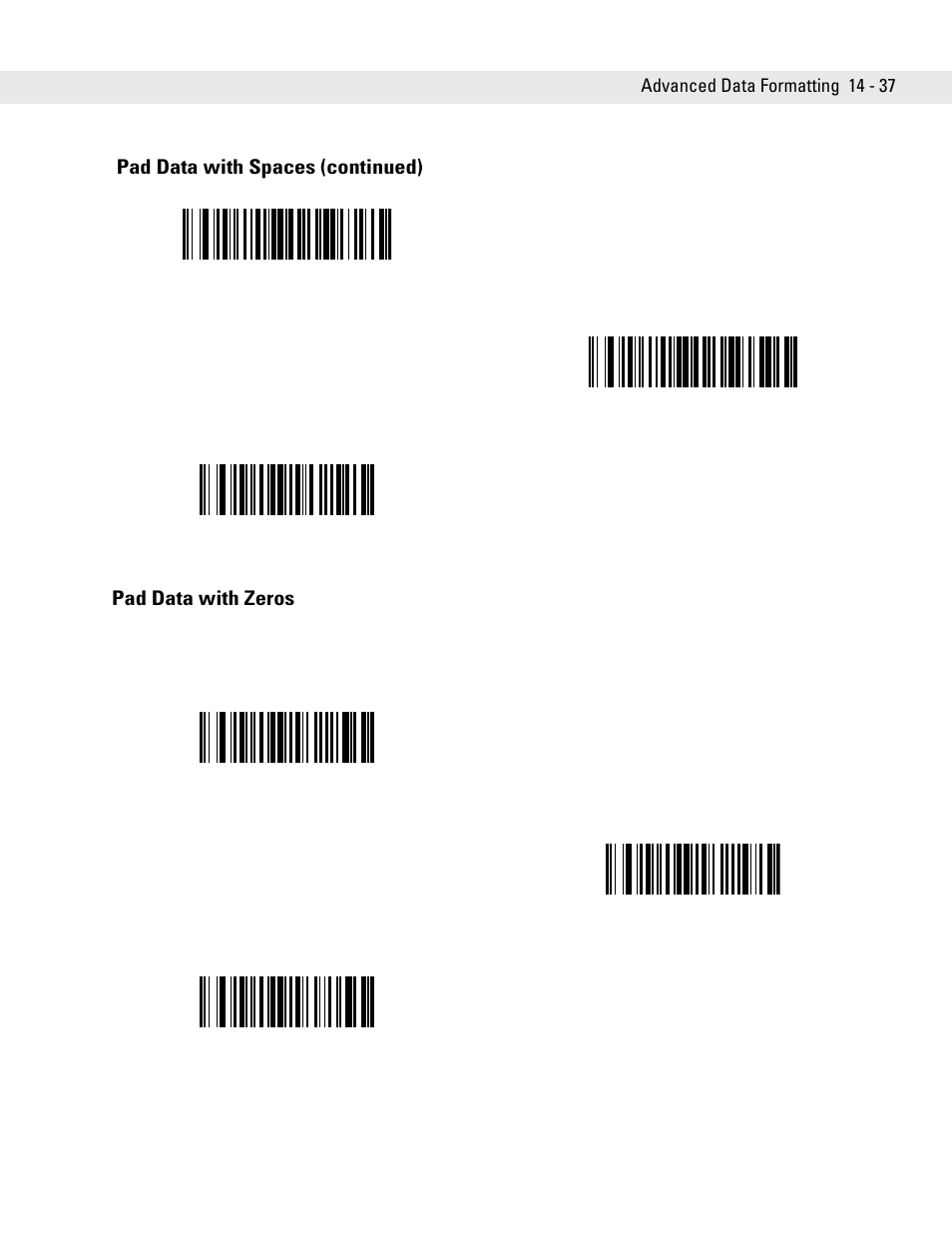 Pad data with zeros, Pad data with zeros -37, Pad data with spaces (continued) | Symbol Technologies DS6708 User Manual | Page 261 / 382