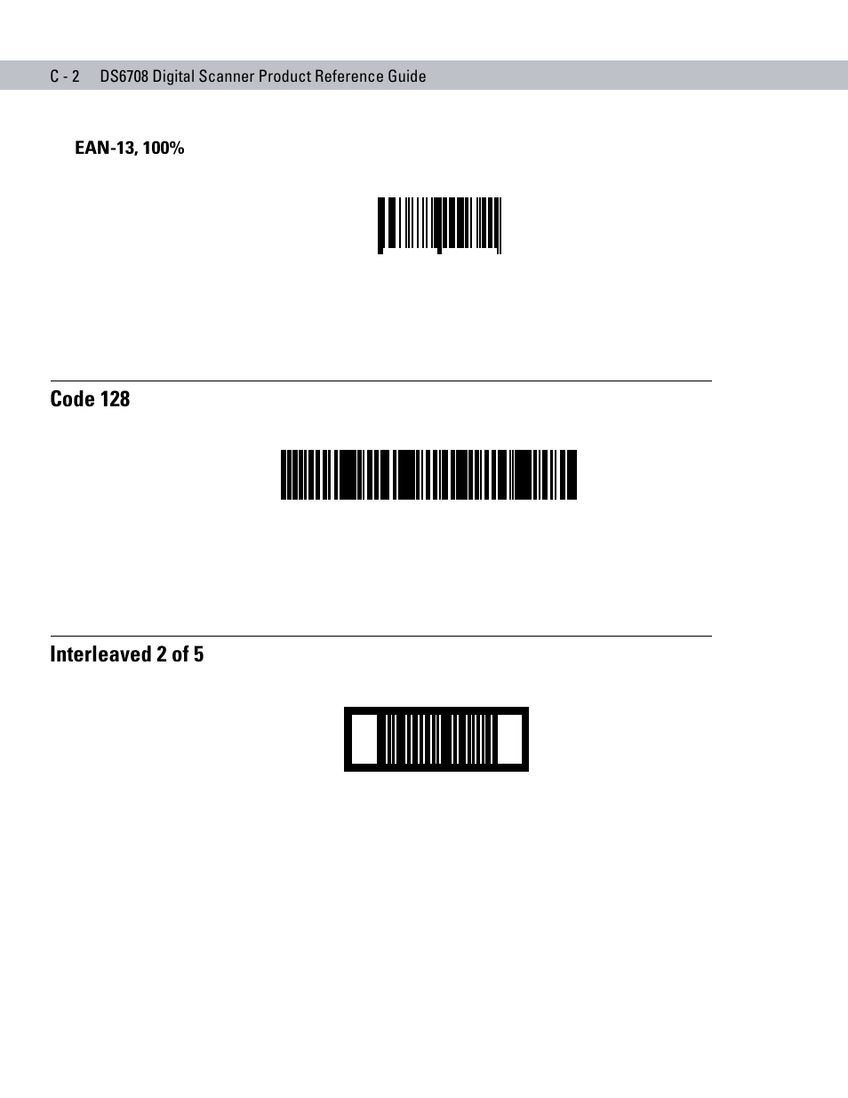 Ean-13, 100, Code 128, Interleaved 2 of 5 | Symbol Technologies DS6708 User Manual | Page 342 / 382