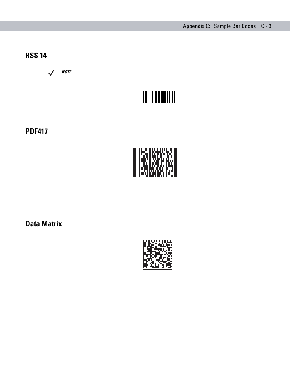 Rss 14, Pdf417, Data matrix | Pdf417 data matrix | Symbol Technologies DS6708 User Manual | Page 343 / 382