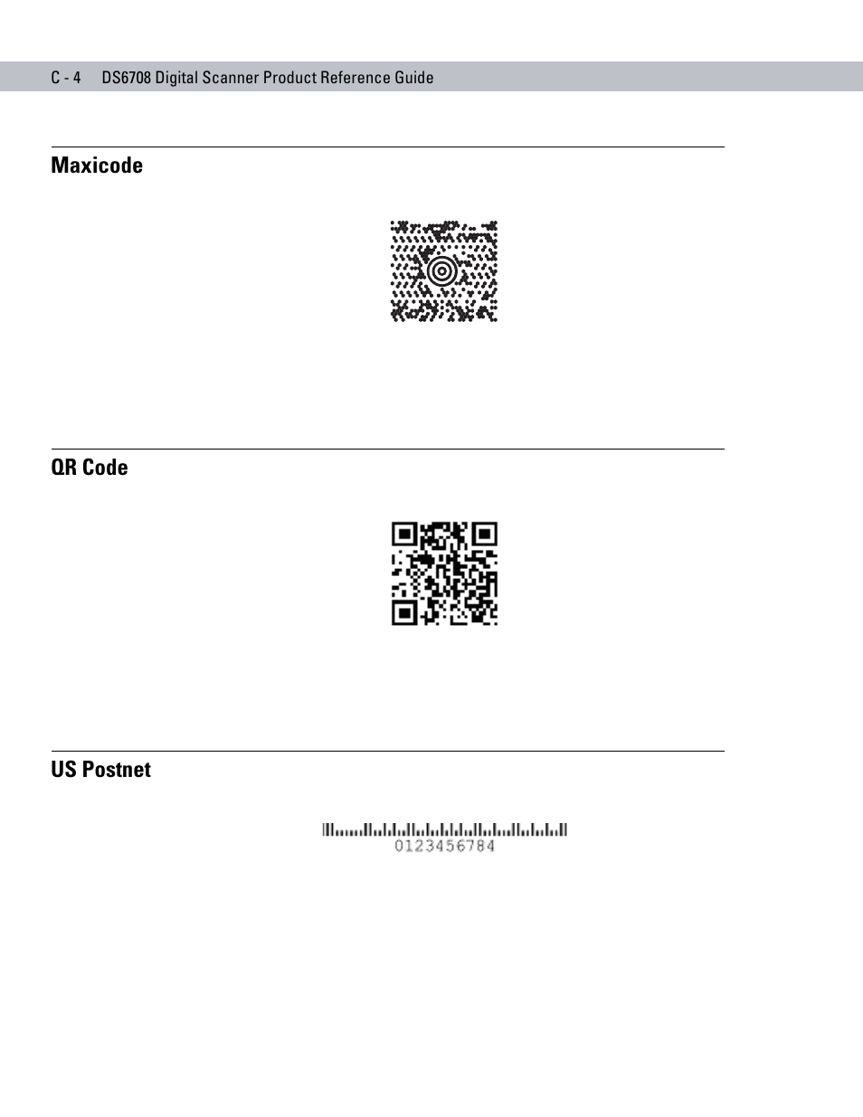 Maxicode, Qr code, Us postnet | Symbol Technologies DS6708 User Manual | Page 344 / 382