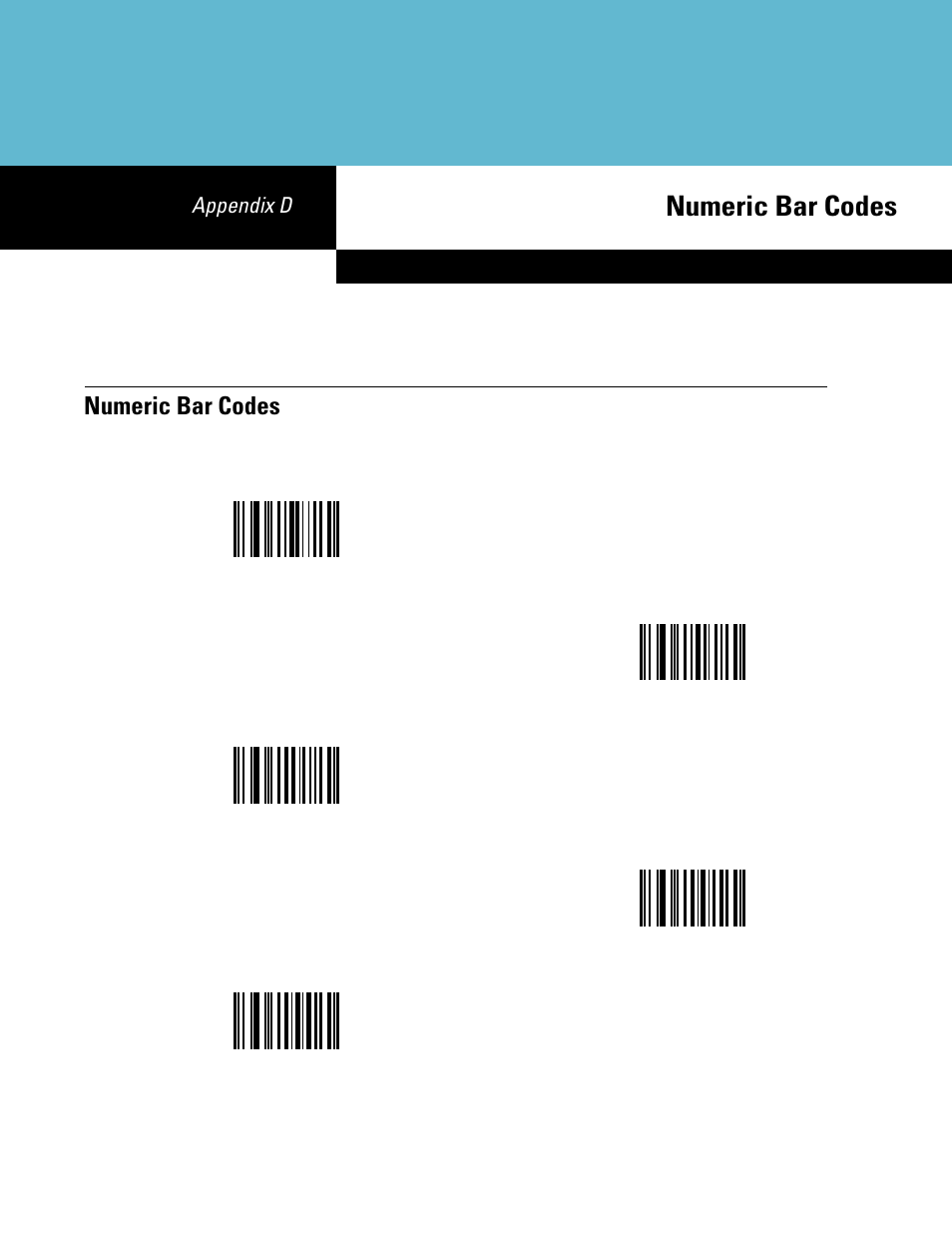 Numeric bar codes, Appendix d: numeric bar codes, Appendix d | Symbol Technologies DS6708 User Manual | Page 347 / 382