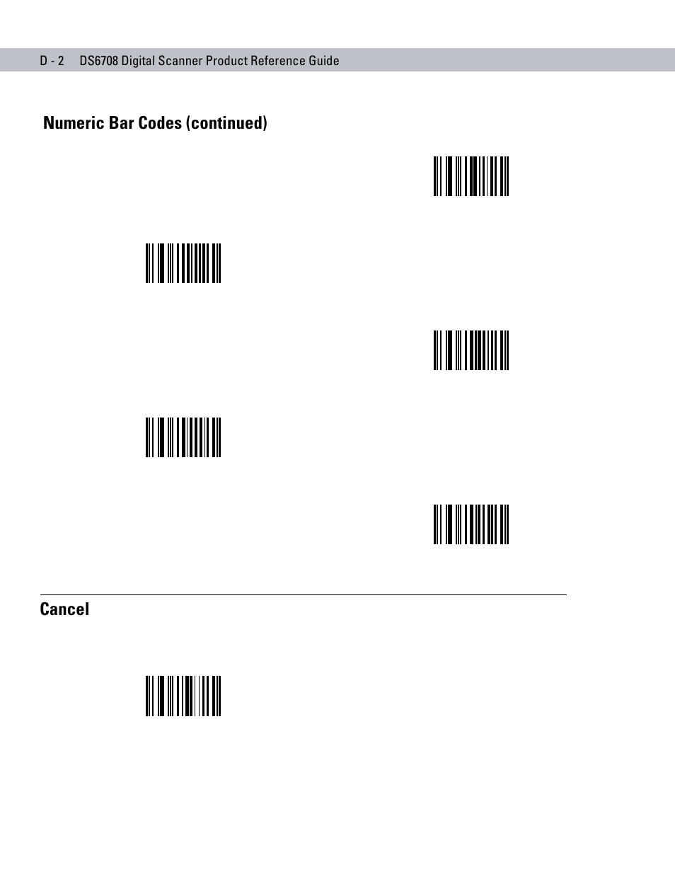 Cancel, Ion, scan, Numeric bar codes (continued) | Symbol Technologies DS6708 User Manual | Page 348 / 382