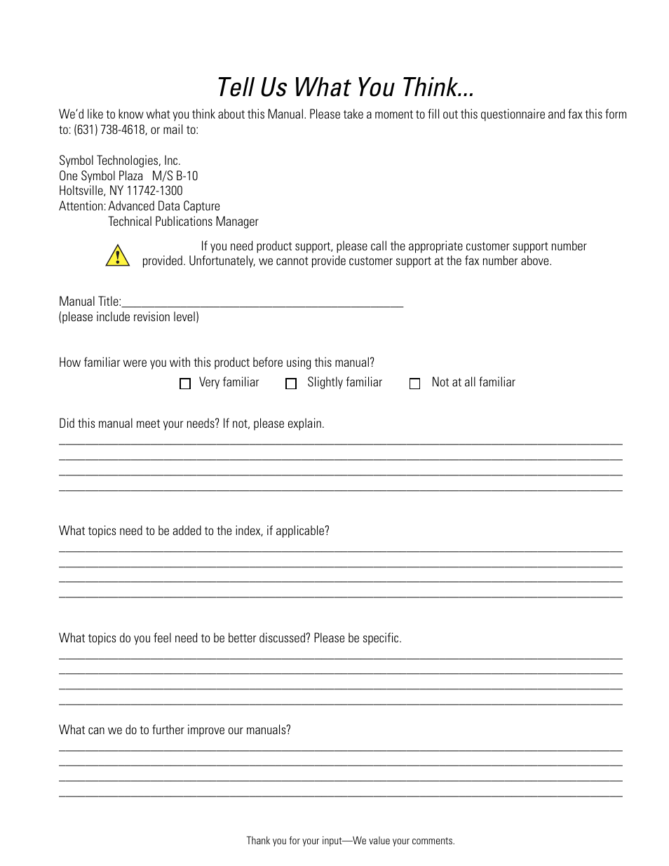 Tell us what you think | Symbol Technologies DS6708 User Manual | Page 379 / 382