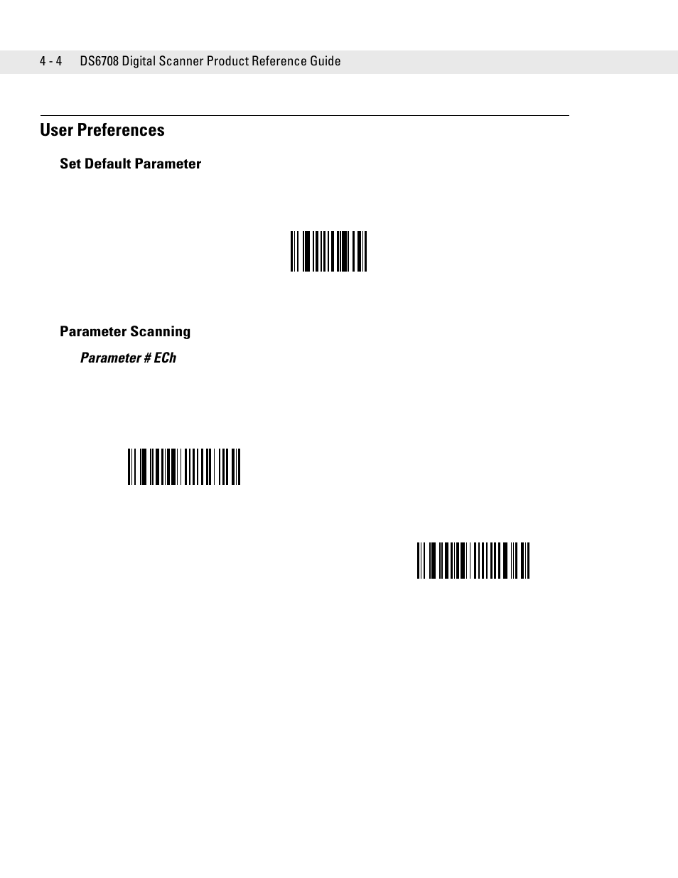 User preferences, Set default parameter, Parameter scanning | User preferences -4, Set default parameter -4 parameter scanning -4 | Symbol Technologies DS6708 User Manual | Page 46 / 382