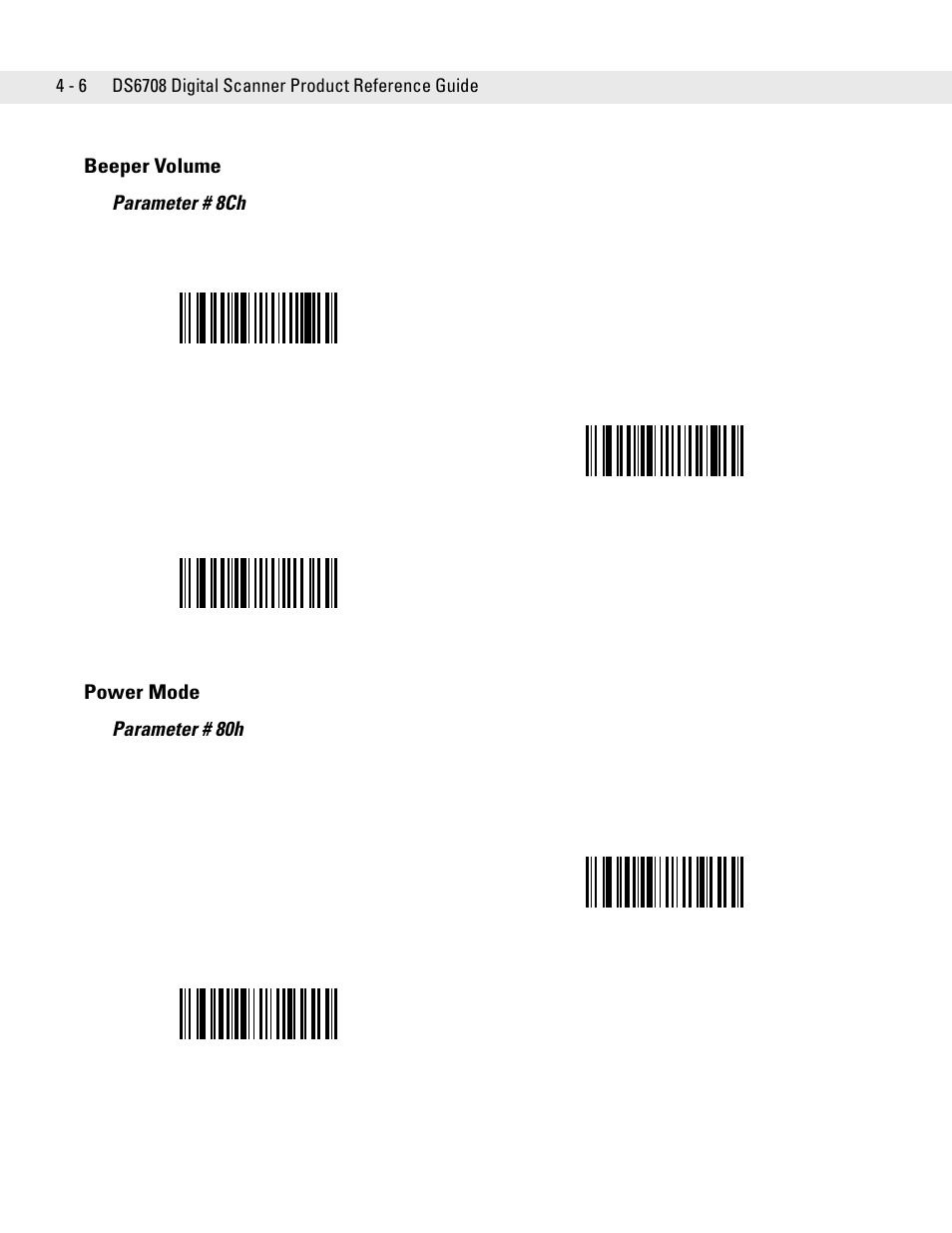 Beeper volume, Power mode, Beeper volume -6 power mode -6 | Beeper volume parameter # 8ch, Power mode parameter # 80h | Symbol Technologies DS6708 User Manual | Page 48 / 382