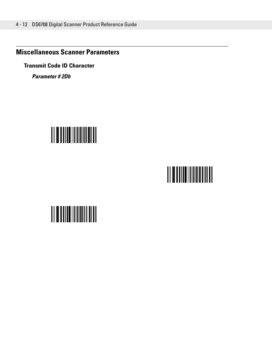 Miscellaneous scanner parameters, Transmit code id character, Miscellaneous scanner parameters -12 | Transmit code id character -12, Transmit code id character parameter # 2dh | Symbol Technologies DS6708 User Manual | Page 54 / 382