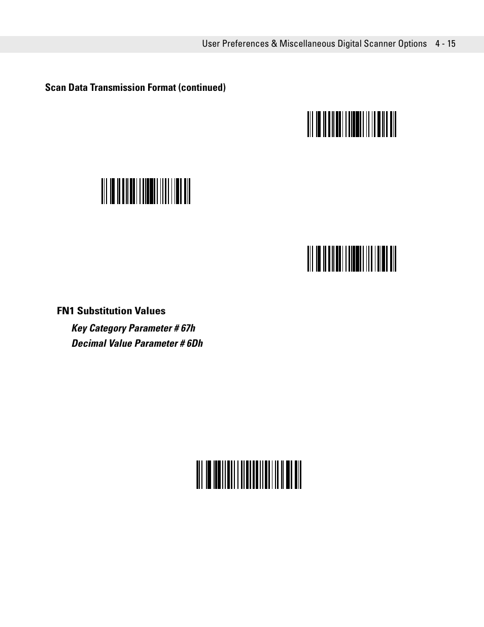 Fn1 substitution values, Fn1 substitution values -15, Scan data transmission format (continued) | Symbol Technologies DS6708 User Manual | Page 57 / 382