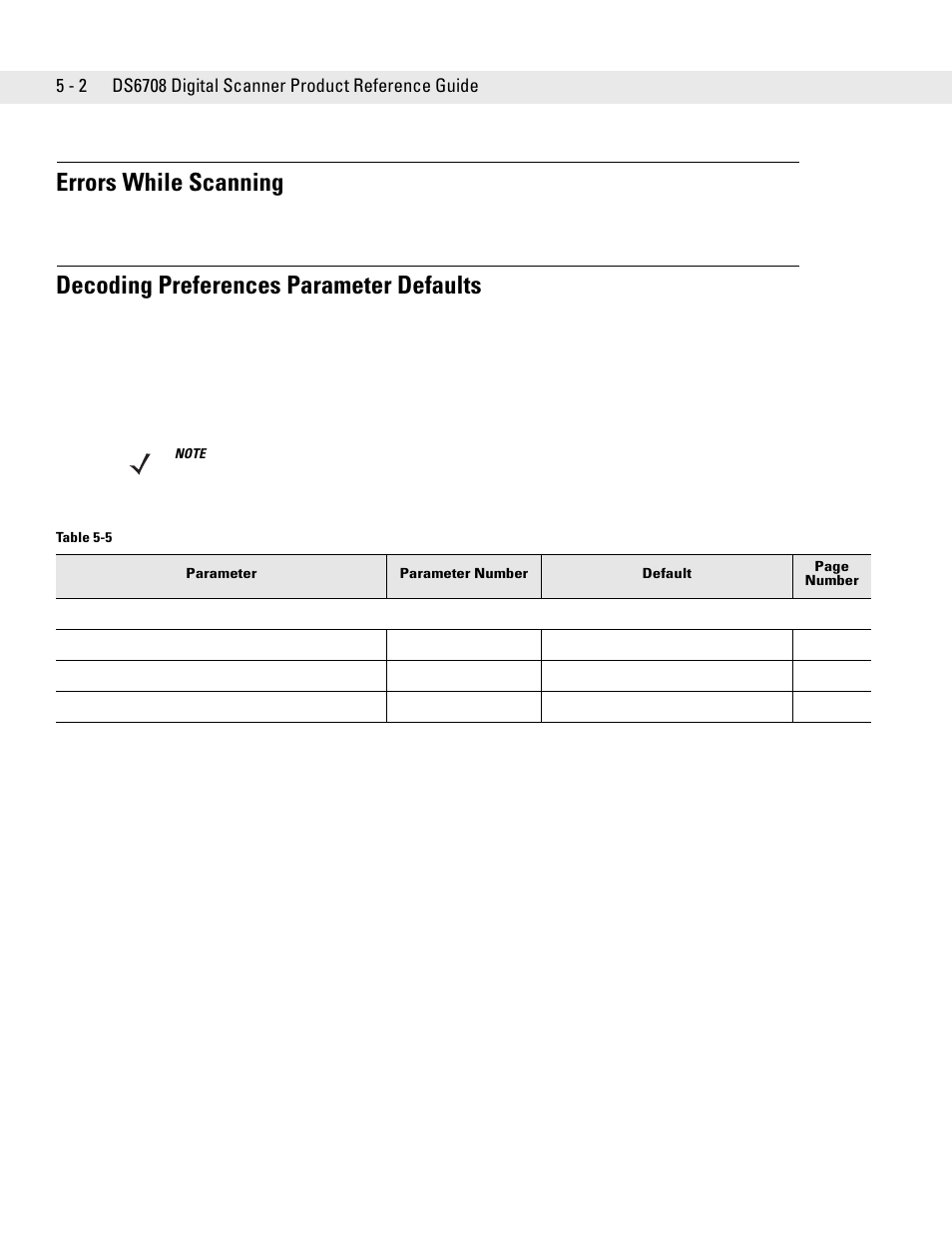 Errors while scanning, Decoding preferences parameter defaults | Symbol Technologies DS6708 User Manual | Page 62 / 382