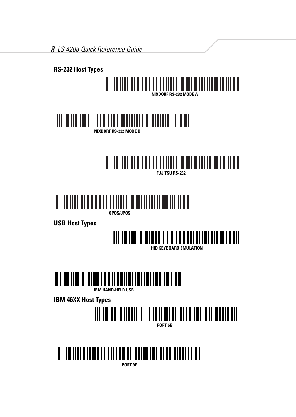 Rs-232 host types, Usb host types, Ibm 46xx host types | Ls 4208 quick reference guide | Symbol Technologies LS 4208 User Manual | Page 10 / 16