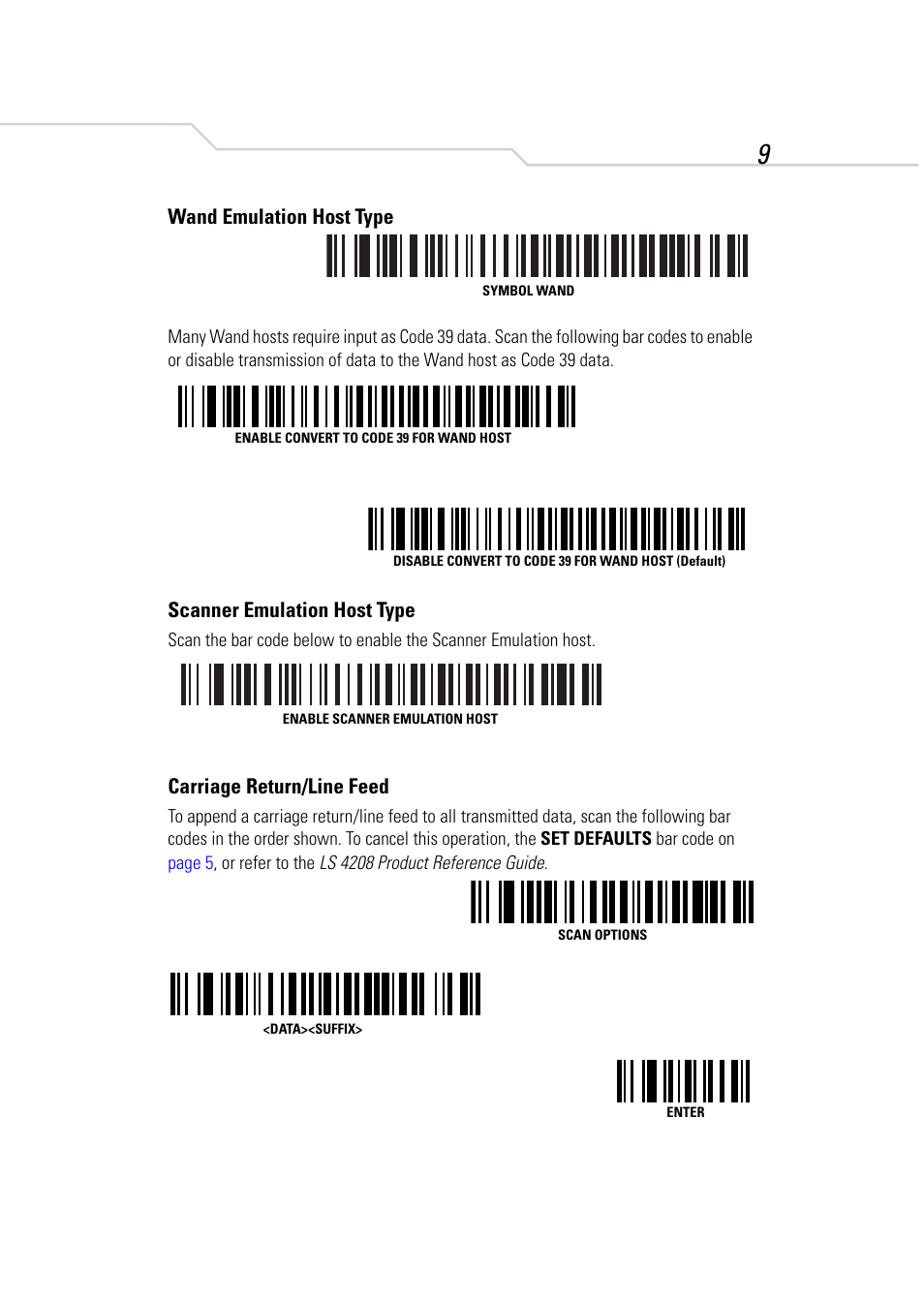 Wand emulation host type, Scanner emulation host type, Carriage return/line feed | Symbol Technologies LS 4208 User Manual | Page 11 / 16