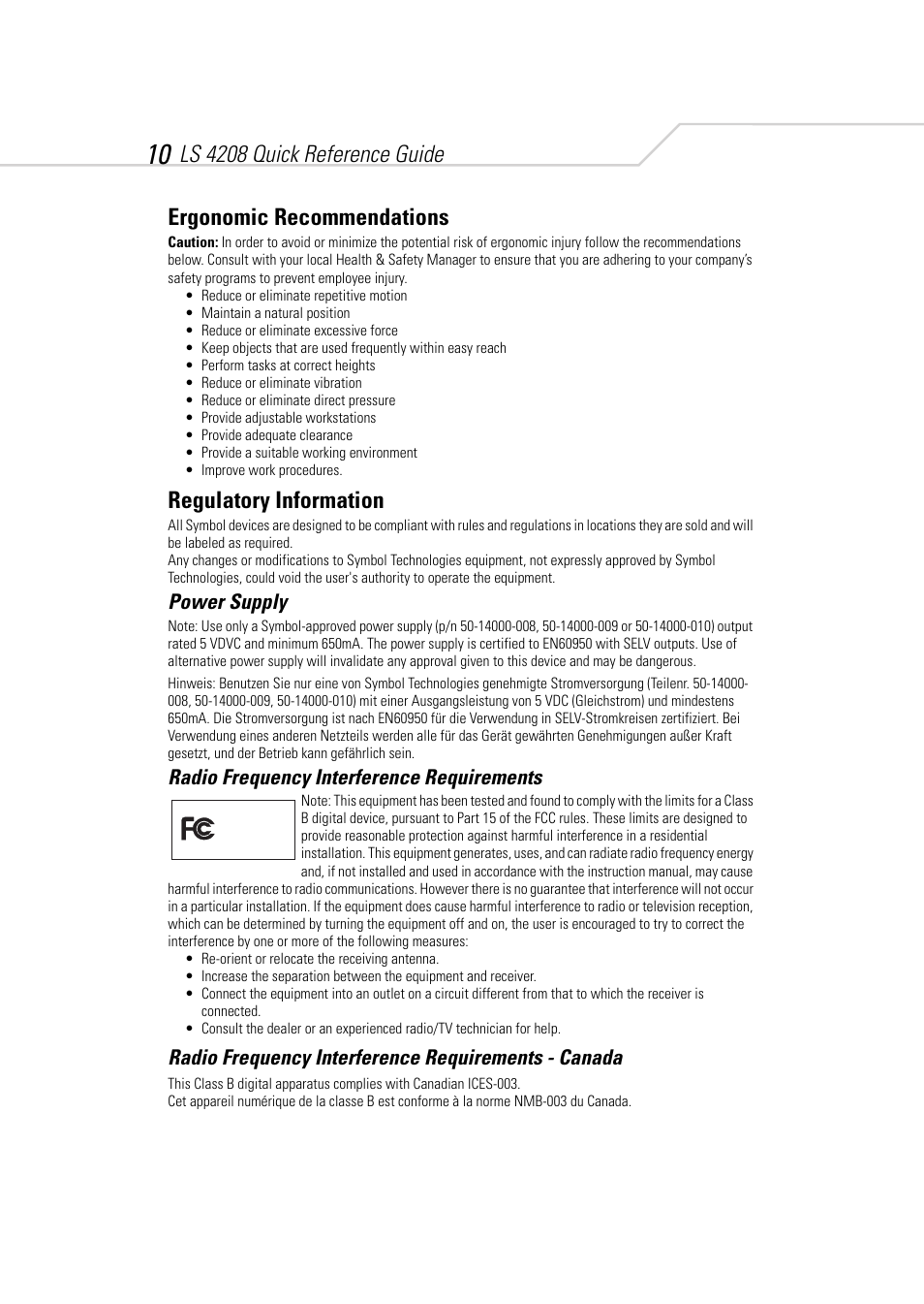 Ls 4208 quick reference guide, Ergonomic recommendations, Regulatory information | Power supply, Radio frequency interference requirements, Radio frequency interference requirements - canada | Symbol Technologies LS 4208 User Manual | Page 12 / 16