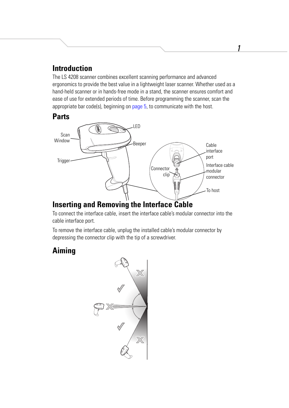 Introduction, Parts, Inserting and removing the interface cable | Aiming, Parts inserting and removing the interface cable | Symbol Technologies LS 4208 User Manual | Page 3 / 16