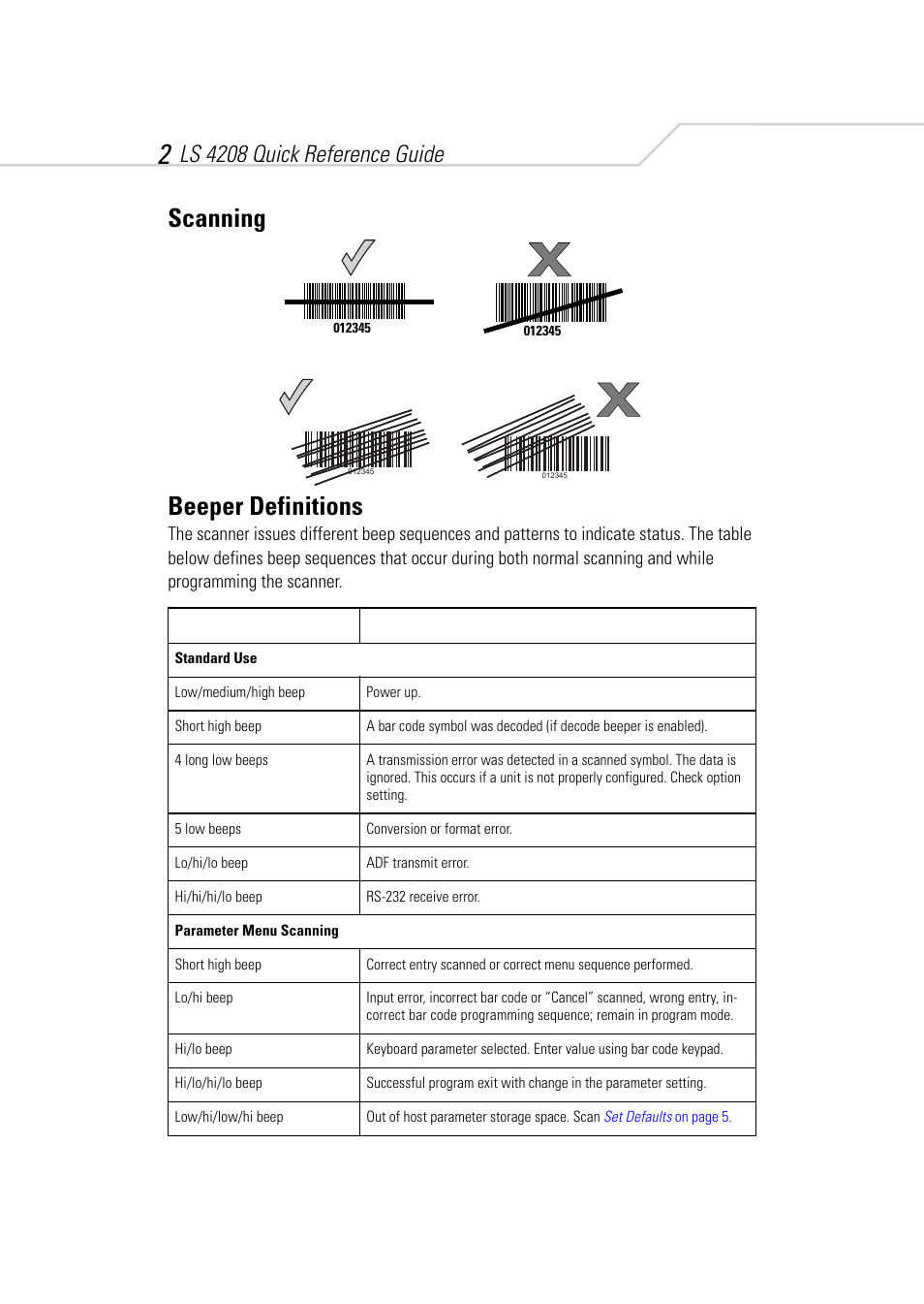 Scanning, Beeper definitions, Scanning beeper definitions | Ls 4208 quick reference guide | Symbol Technologies LS 4208 User Manual | Page 4 / 16