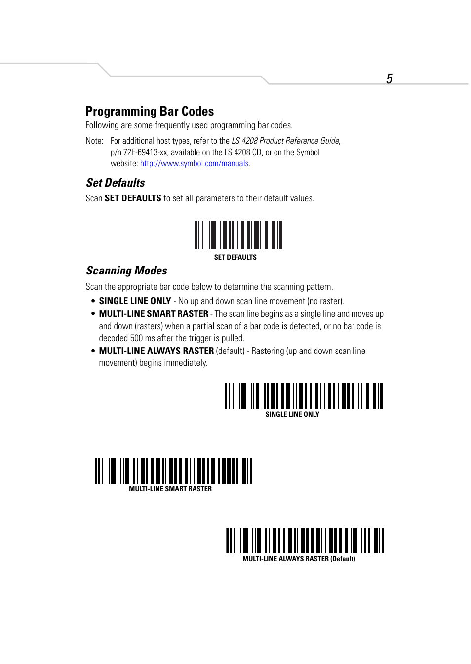 Programming bar codes, Set defaults, Scanning modes | Symbol Technologies LS 4208 User Manual | Page 7 / 16