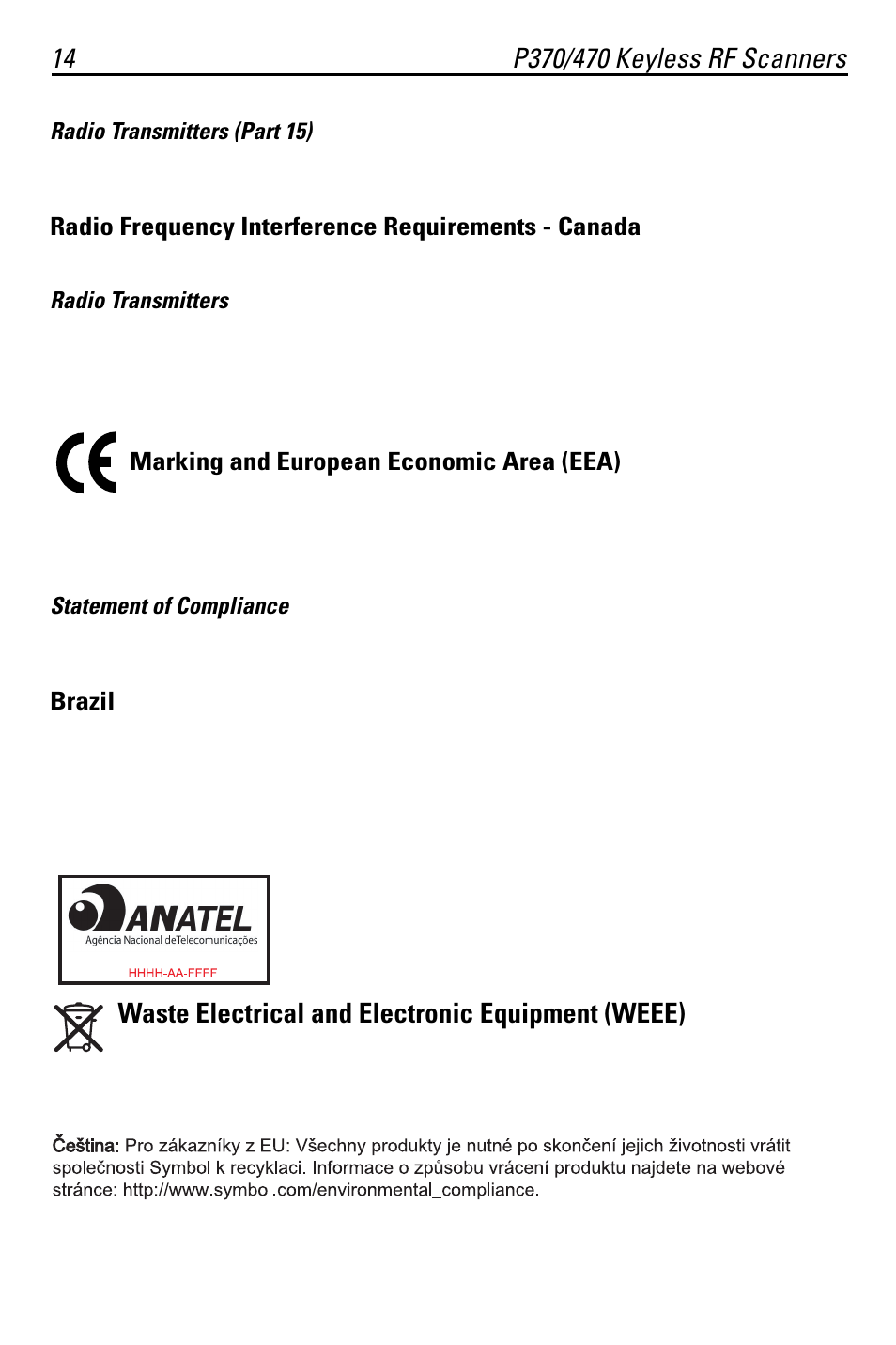 Waste electrical and electronic equipment, Waste electrical and electronic equipment (weee), Radio frequency interference requirements - canada | Marking and european economic area (eea), Brazil | Symbol Technologies P370 User Manual | Page 14 / 16