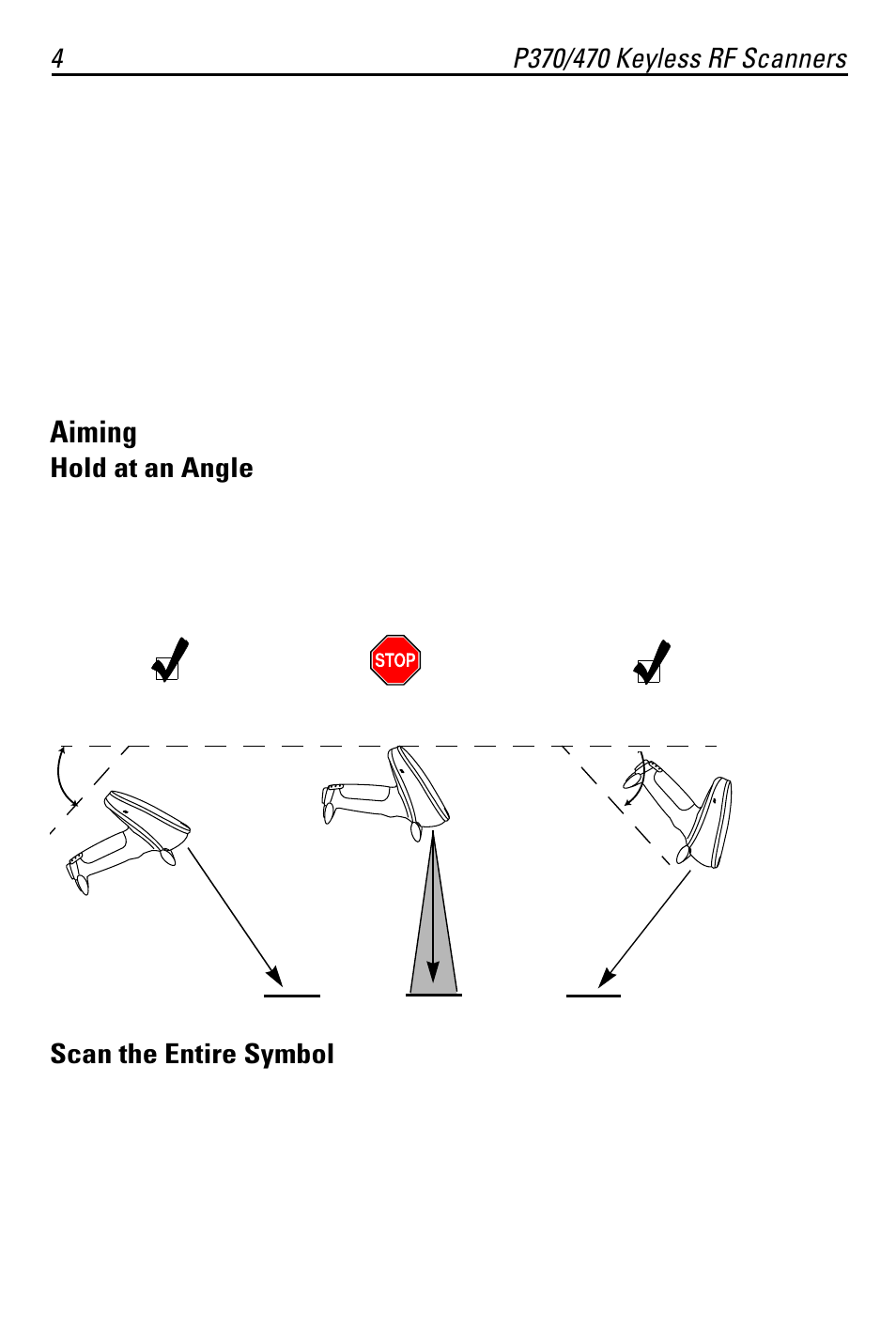 Aiming, Hold at an angle, Scan the entire symbol | Symbol Technologies P370 User Manual | Page 4 / 16